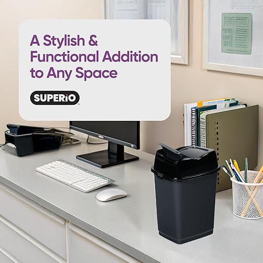 Garbage Cans with Swing Top-Split Lids, 2 Pack | Small Trash Cans with Lids | Durable Plastic | Slim & Sturdy Trash Bins | Fingerprint Resistant | 1.25 Gallon / 5 qt / 5 L – Grey | Superio Brand