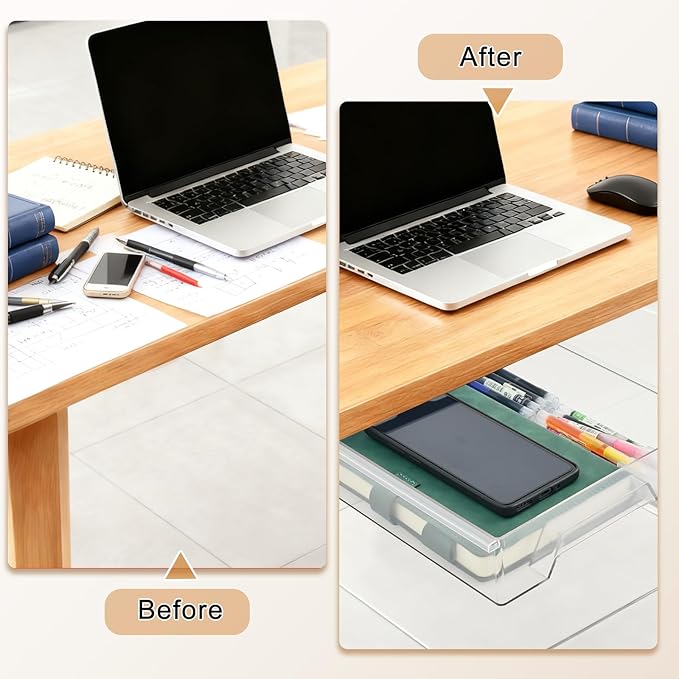 2 Pair Super Capacity 11.85 "x 8.9" Under Desk Drawer Hidden Strorage Drawer Self-Adhesive Slide Out with Smooth Gliding Motion - Attachable & Space-Saving Under Desk Organizer with Screw Kit, Clear