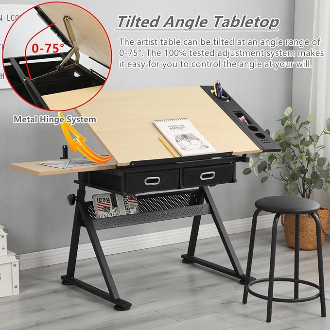 Drafting Table with Stool, Height Adjustable Drawing Table Art Table Painting Table Art Craft Desk with 0-75° Tilting Tabletop and Storage Drawers, Brown
