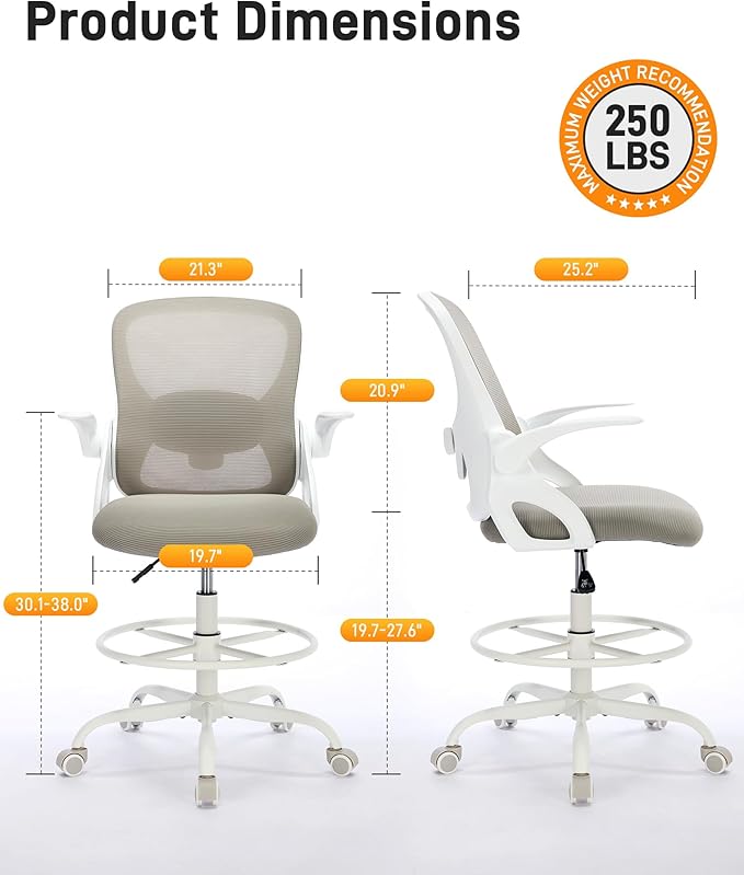 LukkDys Drafting Chair with 4D Multi-Adjustable Backrest, Tall Office Chair 19.7"-27.6" Seat Height, Ergonomic Standing Desk Chair with Flip-up Arms, Foot Ring, Grey&White