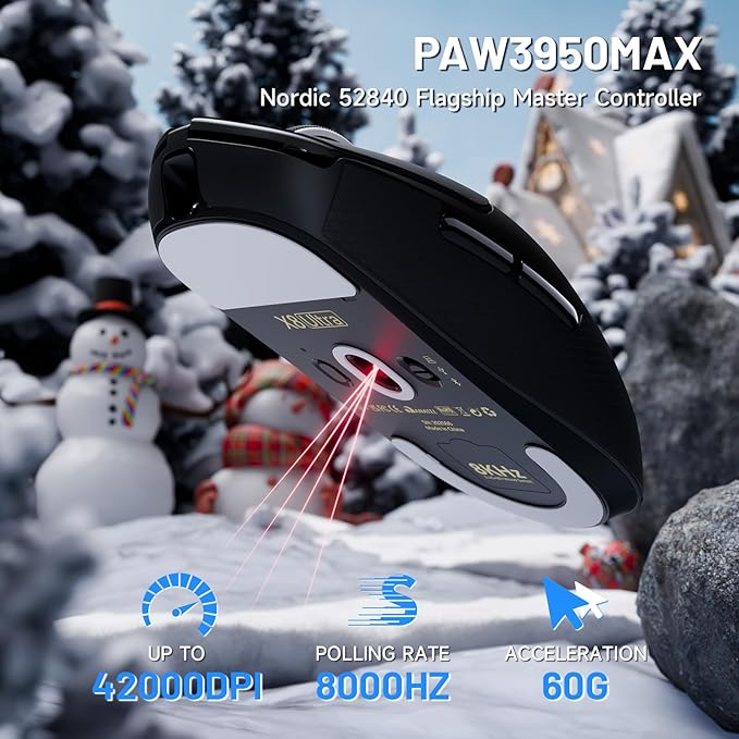 ATTACK SHARK X8ULTRA Wireless Gaming Mouse, 42000 DPI PAW3950MAX Sensor, 8000Hz Optical Nordic 52840 Tri-Mode 2.4G/BT/Wired, 55g Lightweight Big Hand Ergonomic Mouse with Coiled Cable-Black&Tape