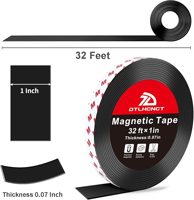 DTLHCNCT Magnetic Tape - 32 ft x 1 inch Magnet Strip Tape Roll with Strong Adhesive Backing for Kitchen, Office, School Organization, Whiteboards,Fridge(0.07" Thick)