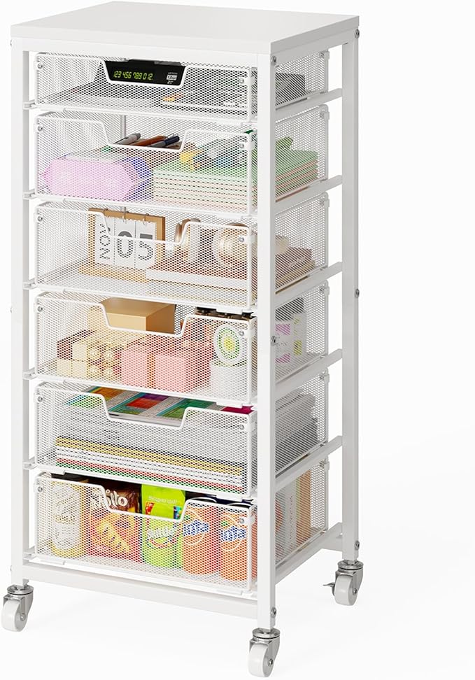 Sbanmao 6 Drawers Rolling Utility Cart, Rolling Storage Cart with Wooden Tabletop, Storage Drawer Cart on Lockable Wheels, Craft Cart for Bedroom, Classroom, Office, White