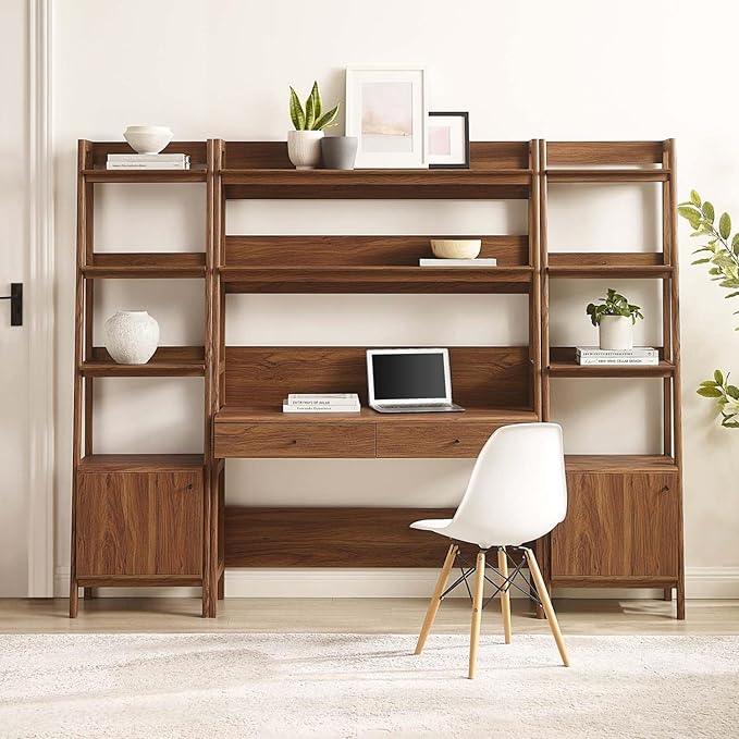 Modway 3-Piece Home Office Desk and Bookshelf Display Case in Walnut