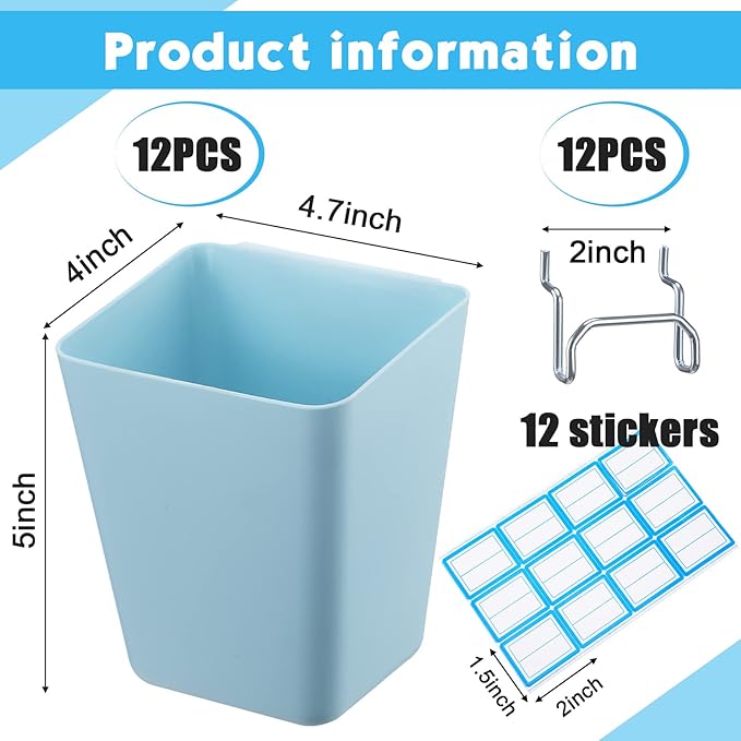 Namalu 12 Pack Peg Board Storage Bins with Labels and Hooks Square Box Shape Pegboard Cup Holder Accessories Pegboard Organizer for Craft Room Wall holder Workbench(4.7 x 4 x 5 Inch, Colorful)