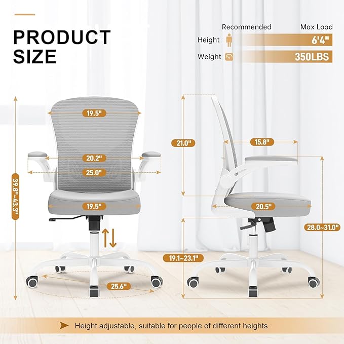 Synorla Office Chair, Ergonomic Desk Chairs 330LBS Capacity High Back Mesh Computer Chair with Flip-up Armrests, Comfy Work Chair with Adjustable Lumbar Support