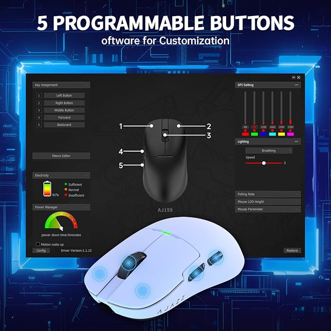 Ajazz AJ159 Dual Mode 2.4G/USB-C 56g Lightweight Gaming/Office Mouse with PAW3395 Sensor, 5 Programmable Buttons Up to 26KDPI with Magnetic Charging Dock for PC/Laptop/Win/Mac (White)