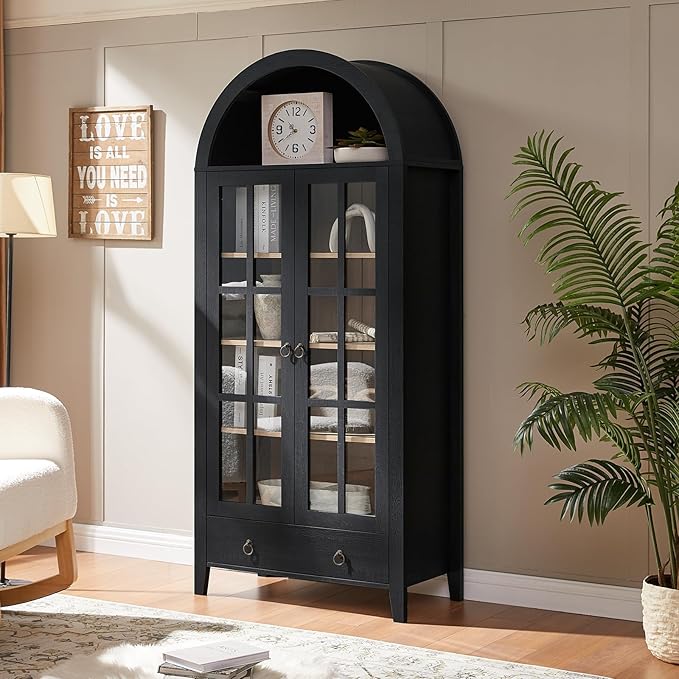 70" Tall Arched Cabinet, Modern Farmhouse Wooden Display Cabinet with Glass Doors, 6 Tier Bookshelf with Adjustable Shelves for Living Room, Office, Black