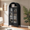70" Tall Arched Cabinet, Modern Farmhouse Wooden Display Cabinet with Glass Doors, 6 Tier Bookshelf with Adjustable Shelves for Living Room, Office, Black