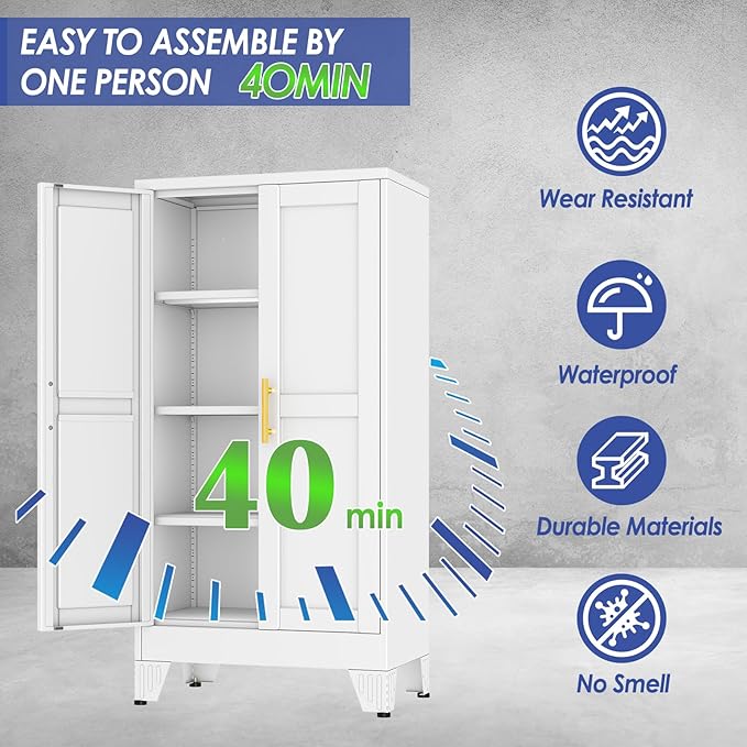 47" Metal Storage Cabinet with Adjustable Leveling Foot,Garage Storage Cabinets with 2 Doors and 3 Adjustable Shelves, Black Steel Cabinet for Office,Home,Garage(White)
