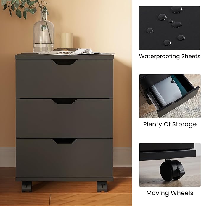 Farini Wood File Cabinet for Home Office,Under Desk 3 Drawer Mobile File Cabinet(Black,Non-Assembled)