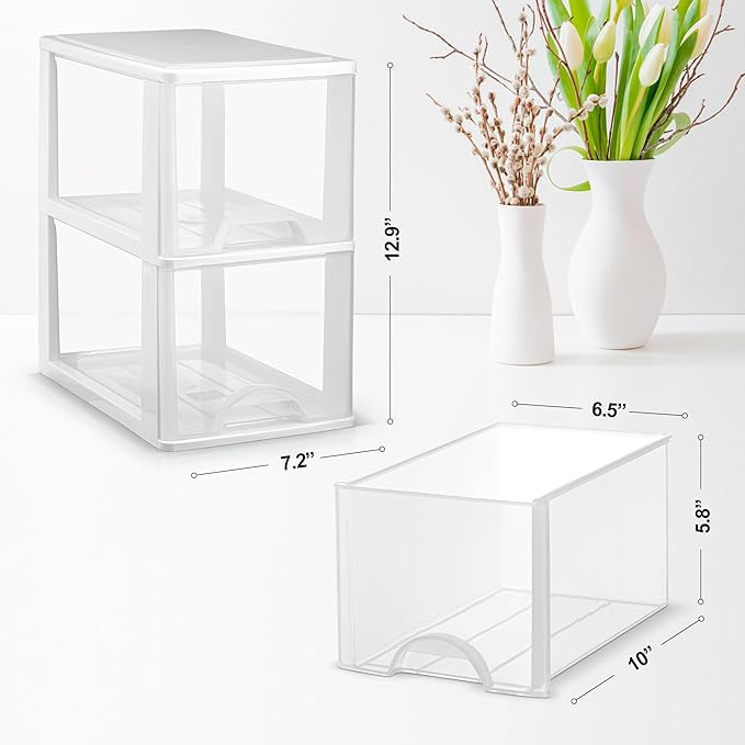 Plastic 2-Drawer Storage Organizer, 4-Pack for Classroom Art Supplies Dresser Closet Bathroom Dorm Bedroom Laundry Room, Slim Narrow, White/Clear Crafts Drawers Storage Organizer (13"H x 10"D x 7"W)
