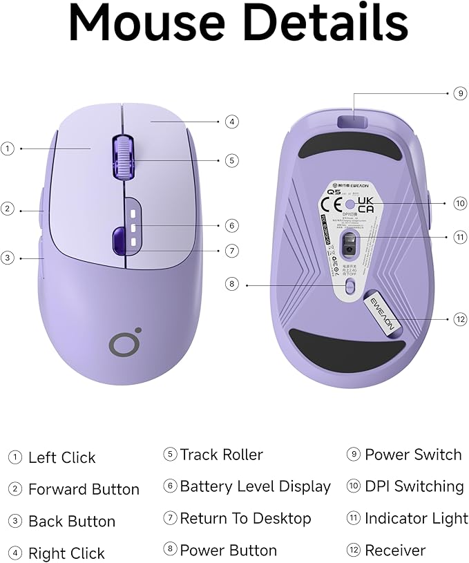 EWEADN Q5 Wireless Mouse, Bluetooth & 2.4G Quiet Computer Mouses with Battery Level Display, 1600 DPI, Ergonomic Office Mouse, 6 Button Portable Cute Computer Mouse for Laptop/PC/Mac - Purple