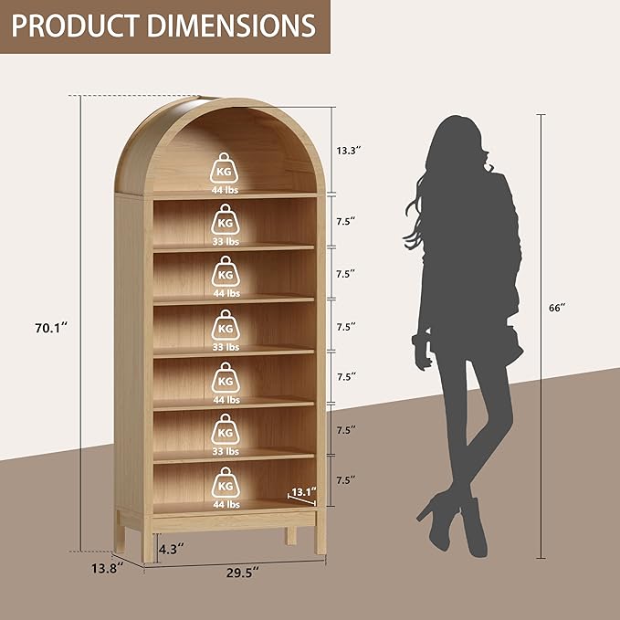 Wodeer Tall Arched Bookshelf, 7-Tier Bookcase with 3 Adjustable Shelves, Modern Farmhouse Storage Shelf for Living Room, Entryway, Office, 29.5" W x 70.1" H x 13.8" D, Natural Oak