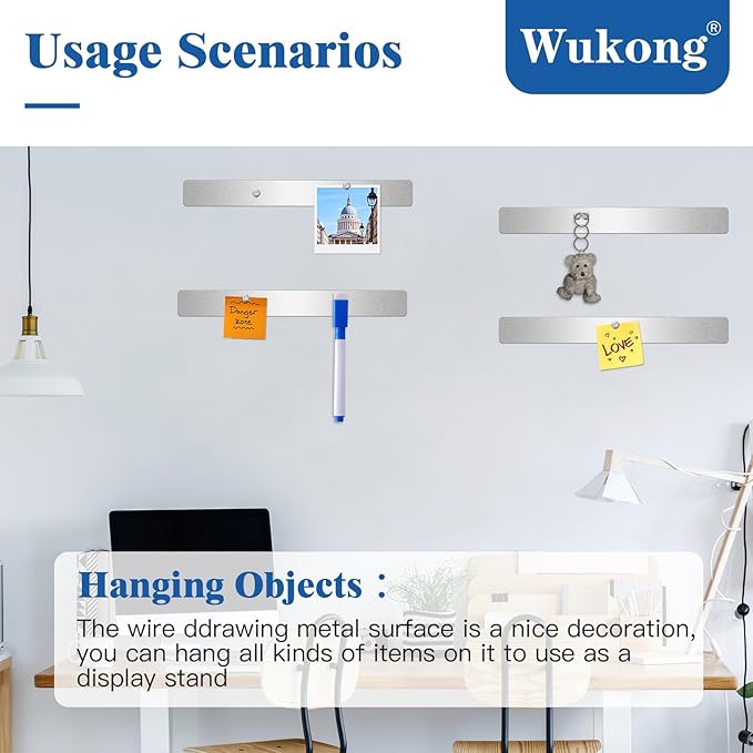Wukong 5 Pack | 30x4cm (11.81 x 1.57) Magnetic Stainless Silver Board Strips, Adhesive Backing Bulletin Bar, Memo Strip with 30pcs 5x3mm Magnets for Office, Home, Photo Wall, Documents