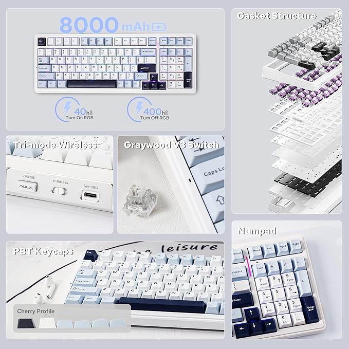 EPOMAKER x Aula F99 Wireless Mechanical Keyboard, Hot Swappable Gasket Custom Gaming Keyboard with Five-Layer Padding, BT/2.4GHz/USB-C, 8000mAh Battery (White Blue, Graywood V3 Switch)