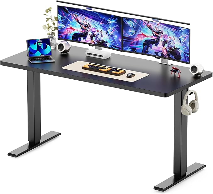 WALKINGDESK 55x24 Inches Height Adjustable Electric Standing Desk with 2 Hooks for Home Office, Ergonomic Sit Stand up Desk with Splice Board, Black