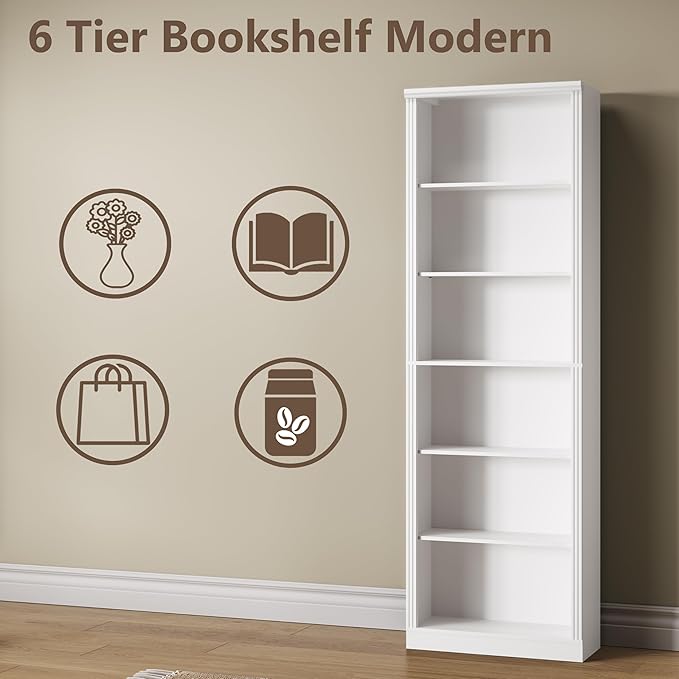 Wodeer Tall Bookshelf, 6-Tier Bookcase with 2 Adjustable Shelves, Modern Farmhouse Storage for Living Room, Entryway, Office, 23.6" W x 74.8" H x 10.6" D, White
