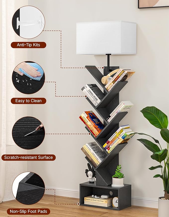 6 Tier Tree Bookshelf with Light, Remote & Timer, Modern Tall Floor Standing Book Shelf, Narrow Wood Bookcase, Small Book Organizer Shelves for Living Room, Bedroom, Office (Black)