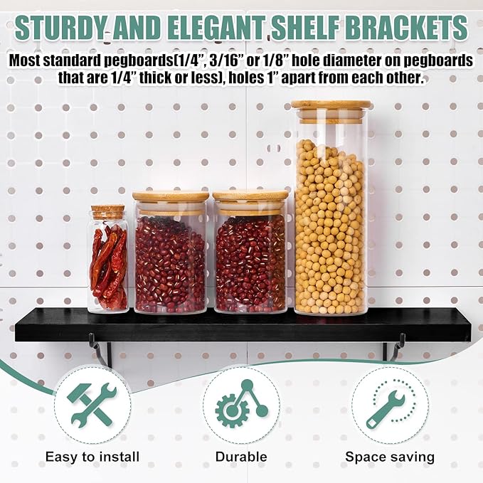 Qunclay 8 Pack Pegboard Shelf Set Wooden Shelves with Metal Brackets Hook Wall Pegboard Shelving Heavy Duty Accessories for Crafts Home Office Garage Workbench(Black)