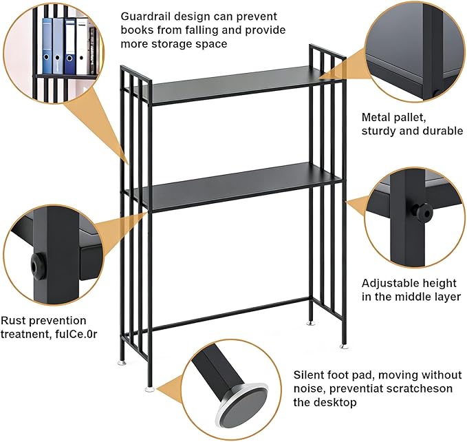 Desk Hutch with Adjustable Height, 2-Tier Rust-Resistant Iron Desk Shelf Organizer for Office Dorm, Desk Organizer Shelf（Black）