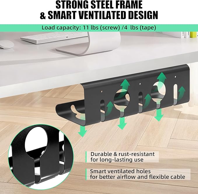 Under Desk Cable Management Tray, 16.5" L x 4.7" W x 4.3" H, 2 Pack Under Desk Cable Tray, Wire Organizer for Power Strip, Tape Mount or Screw Mount, Easy Install Cord Raceway for Desk & Home