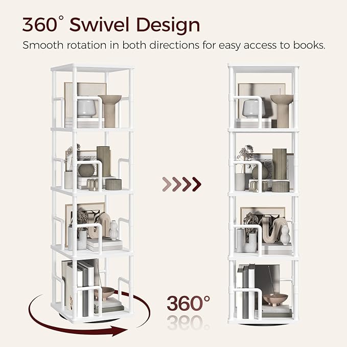 MAHANCRIS 4-Tier Rotating Bookshelf, Freestanding Corner Bookshelf, 360° Spinning Bookcase, Industrial Style Storage Rack with Rails, for Living Room, Bedroom, Study, White BKWT1501
