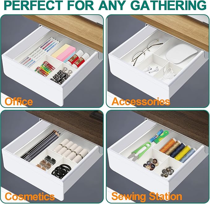 SVNNELP Under Desk Table Drawer Storage Organizer, Slide Out Drawer with 4 Compartments Divider,Pencil Storage Self-Adhesive Tray Under Table (M/White+White)