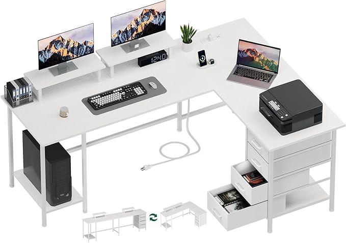 Korfile 66" L Shaped Computer Desk, 94.4'' Home Office Desk with Power Outlets, 4 Adjustable Storage Drawers & 2 Monitor Stands, Large Two Person Gaming Table for Writing Study, White