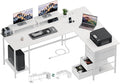 Korfile 66" L Shaped Computer Desk, 94.4'' Home Office Desk with Power Outlets, 4 Adjustable Storage Drawers & 2 Monitor Stands, Large Two Person Gaming Table for Writing Study, White