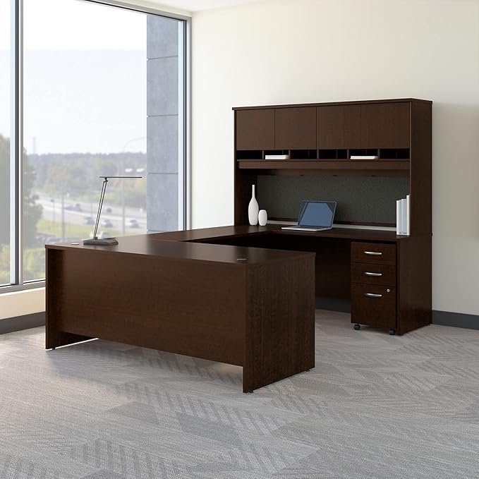 Bush Business Furniture Series C U Shaped Desk with Hutch and Storage, 72W, Hansen Cherry