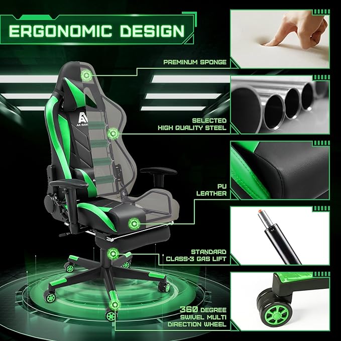 AA Products Gaming Chair High Back Ergonomic Computer Racing Chair Adjustable Gamer Chair with Footrest, Lumbar Support Swivel Chair – LightGreen