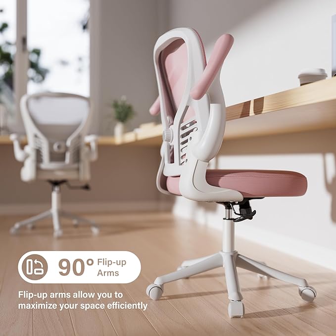 GYI Office Chair Ergonomic, Computer Desk Chair with Mesh Back, Adjustable Lumbar Support, 3D Flip-up Arms, Wheels, Pink