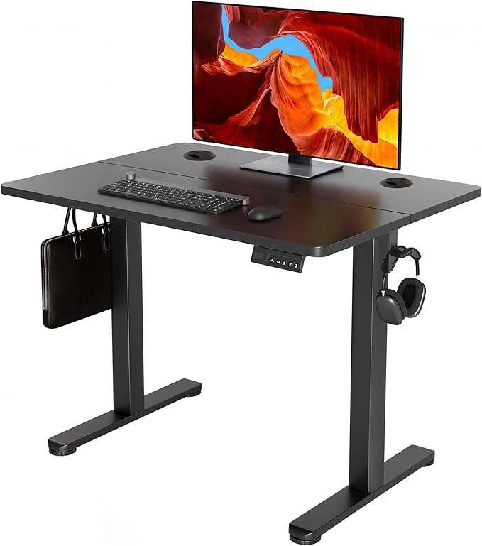 YDN Electric Standing Desk Adjustable Height, 32 x 19 Inches Stand up Desk with Cable Management, Home Office Desks with Splice Board & Black Frame, Black Top