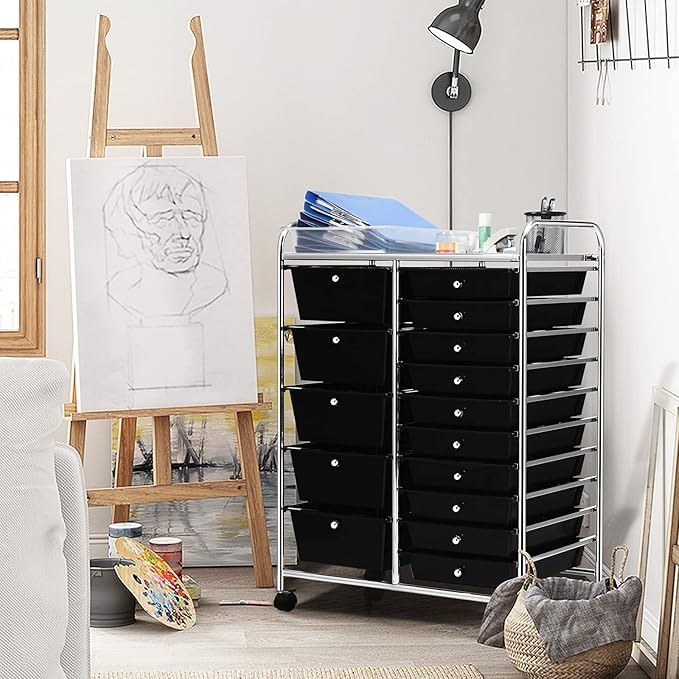 Moccha 15-Drawer Rolling Storage Cart - Under Desk Storage Drawers with wheels for Craft Art Supply Paper Salon, Scrapbook Paper Tools, Mobile Utility Cart for Classroom (15 Drawers, Black)