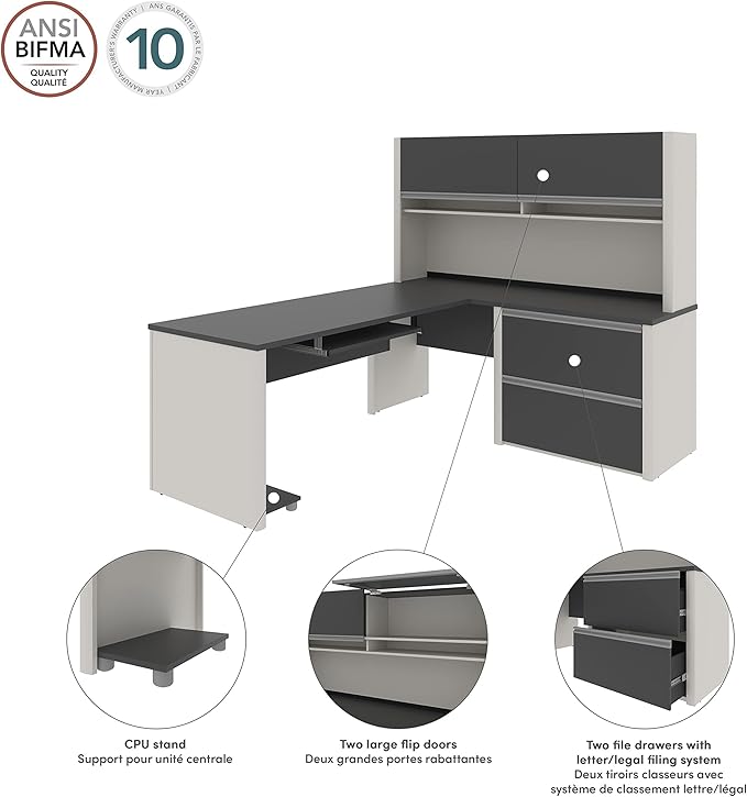 BOWERY HILL L-Shaped Office Desk Set, Sandstone and Slate Finish, Commercial-Grade Work Surface, Melamine Coating, Shock-Resistant Edges, Wire Management, Storage Drawers, Modern Office Furniture