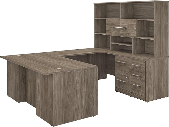 Bush Business Furniture Office 500 U Shaped Executive Desk with Drawers and Hutch, 72W, Modern Hickory