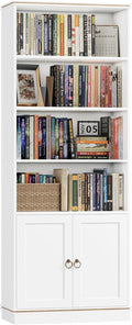 HOSTACK 71" Tall Book Shelf and Bookcase with Doors, 6 Tier Wooden Bookshelf with Storage Cabinet, White Farmhouse Bookshelves and Bookcases, Free Standing Display Shelves for Home Office, Living Room