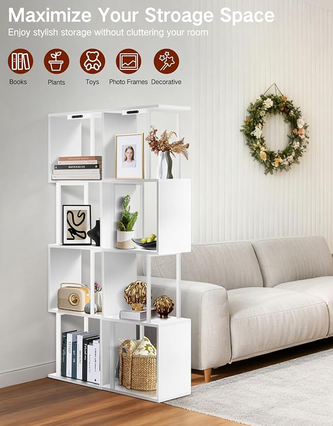 5 Tier S-Shaped Geometric Bookshelf with LED Light, 3 Color Temperatures, Touch & Remote Control, Dimmable Standing Bookcase, Small Display Shelf for Living Room, Bedroom, Office(White)