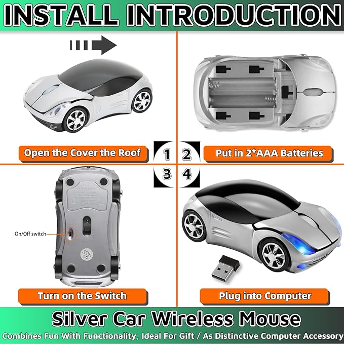 HuGuWdy Silver Car Mouse，2.4G with USB Reciver 1600DPI Computer Mice Wireless for Computer Wireless Computer Mouse for Laptop Tablet for Windows Mac OS（Silver）