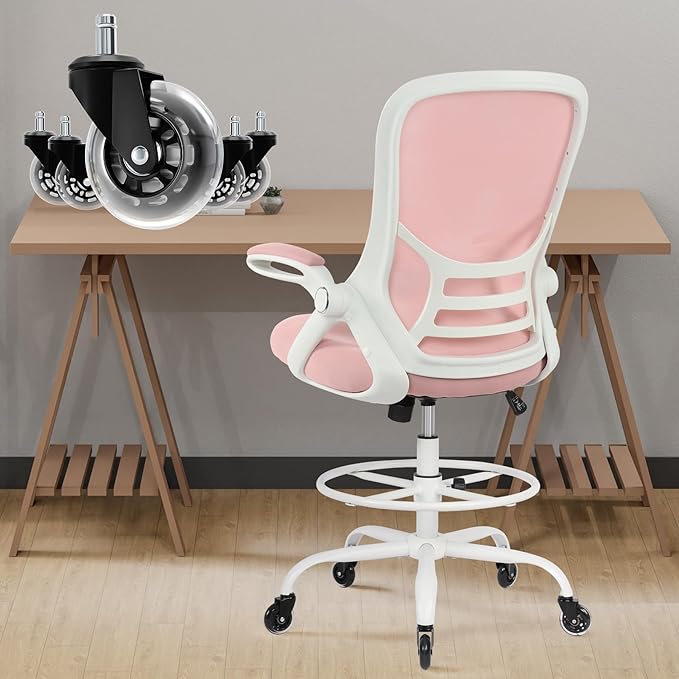 HYLONE Drafting Chair Tall Office, Ergonomic Standing Desk Stool Adjustable Big and Tall Drafting Office Chair with Flip-Up Armrests, Mesh, Pink