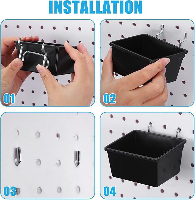 Roowest 60 Pcs Pegboard Cups Pegboard Bins Set, Wall Organizer with Hooks and Loops, Hooks Assortment Organizer Accessory for Office Storage Garage Craft Workshop(Black)