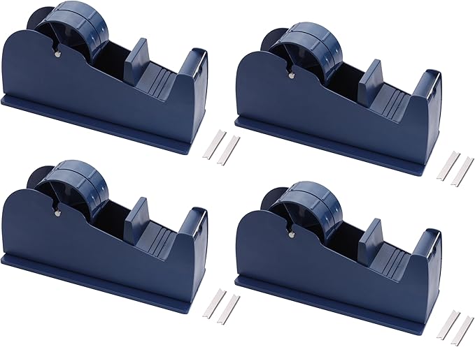 JDS 4 Pack Desktop Industrial Metal Tape Dispensers (8 Replacement Blades) - Pull and Tear Heavy-Duty Weighted Non-Skid Adhesive Roll Holder for Office, Home, School, Gift-Wrapping, and Craft Use