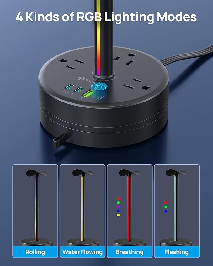 TROND Headphone Stand with PD 20W USB C Charger, RGB Gaming Headset Holder with 3 AC Outlets Extension, 5ft Retractable Power Strip Suitable for Gamer Desktop Table Game Earphone Accessories Gift