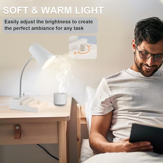 LALISU Study Desk Lamp with USB Charging and Type-C Night Light, Gooseneck LED Table Lamp Stepless Dimming Study Table Lamp with Pen Holder for College Dorm Bedroom and Office (White)