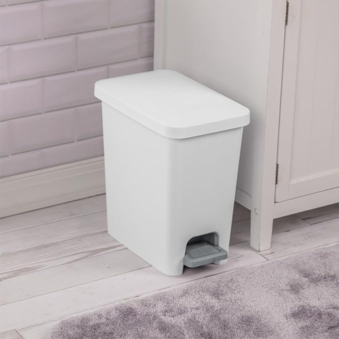 Sterilite 2.7 Gallon Rectangular Step On Kitchen Trash Bin Plastic Indoor Wastebasket with Removable Liner and Bag Holding Feature, White (8 Pack)