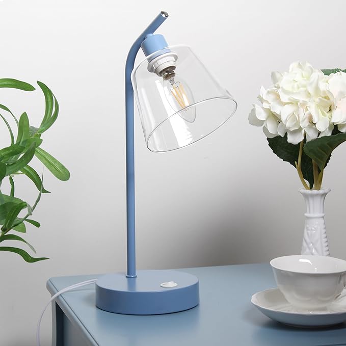 Simple Designs LD1074-BLU 15.75" Sleek Essentials Modern Industrial Metal Desk Lamp with Clear Glass Shade and Dual USB Ports, for Office, Desk, Nightstand, Dorm, Blue