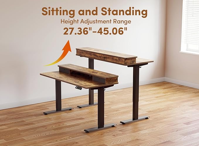 BANTI 48x24 Inch Electric Standing Desk with Dual Drawers, Height Adjustable Stand Up Table, Sit Stand Home Office Desk with Storage Shelf, Black Frame/Rustic Brown Top