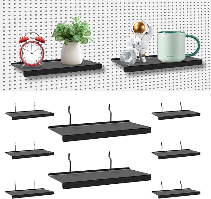 PEKGRIL 10x4.3 Inch Pegboard Shelves Set of 10, Metal Peg Board Shelves Accessories, Flat Display Shelves for Pegboard, Metal Retail Display for Storage and Organization, Black