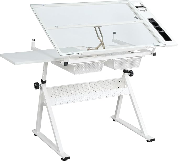 White Drafting Table Desk w/Stool, Painting Table Art Craft Desk Crafting Table with Tilting Tempered Glass Top, 2 Storage Drawers, Height Adjustable